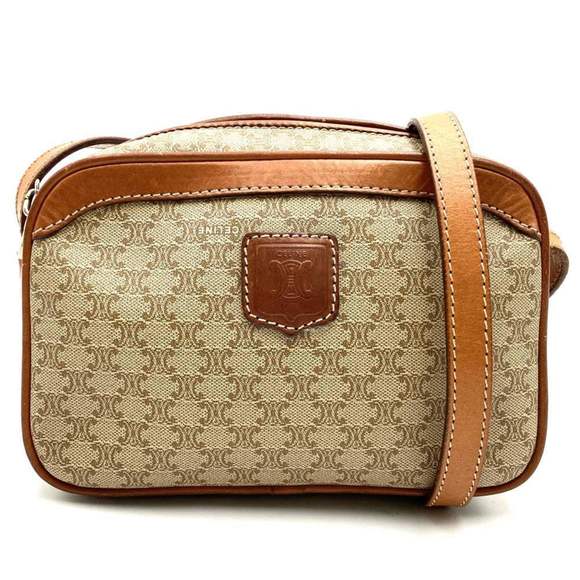 CELINE Shoulder Bag Beige Brown Macadam Leather Women's - Picture 1 of 10